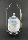 Antique Mt  Washington Glass  crown Milano - Blue Floral Hobnail Pickle Castor