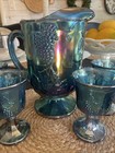 Vintage Indiana Blue Carnival Glass Harvest Grape 4 Goblets   Pitcher Set W bowl