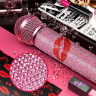 Pink Rhinestones Handle Cover  Red Lips Glitter Mic Sleeve For Wireless Micropho