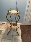 Antique Art Nouveau Brass Marble Onyx 2 Tiered Plant Stand Ornate Cabriolet Legs