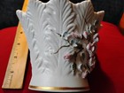 Vintage Lefton Hand Painted White Bisque Vase Pink Roses And Blue Posies  826