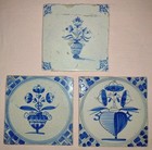 Group Of Three Antique Blue Delft Flowers In Vase Themed Tiles 17th 18th Century