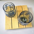 Set Of 2 Vintage Libbey Blue Leaf Pattern Glass Tumblers  Stemless Wine Glass