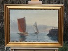 Marine Painting Sailing Boats In Harbor Oil On Canvas Framed Signed Antique
