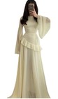 Handmade Ivory Long Sleeve Scoop Neck A-line Full-length Ruched Dress
