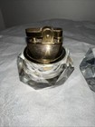 2 Pc Vtg Japan Faceted Glass Table Lighter   Ashtray Set Brass Tone Mcm Desk