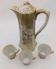 Antique Nippon 11 5  Tall Chocolate Pot Set 3 Matching Cups Victorian Wild Roses