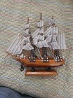 Vintage Wooden Ship Model Sailboat W Cloth Sails  Handcrafted  9  Long And Tall