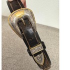 Western Belt Women 28 Black Tooled Leather Buckle Concho Silver Gold Tone Vtg