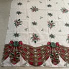 Christmas Tablecloth Cream Fabric Tartan Red Plaid Swag Bow Pinecone Holly