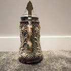 German Lidded Beer Stein  banker  Scene Floral Relief Pewter Lid