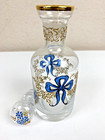 Set Of 3 Clear Glass Vanity Bottle W stopper Blue Bow Perfume Tray 6 5  Gold Rim