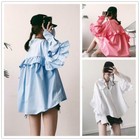 Women Lady Loose Baggy Shirt Blouse Top Ruffle Sleeve Cotton White Pink Fashion