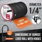 Marine Grade Heavy Duty Bungee Cord Roll With 12 Hooks - Black Elastic Shock Cor