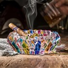 Colorful Vintage Cigar Ashtray Cut Crystal Glass Tobacciana Heavy Cut Art Round