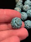 One Vintage Carved Chinese Bead Natural Old Turquoise 14mm Round Shou Rare 