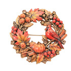 Vintage Christmas Wreath Brooch Pumpkin Red Rhinestone Cardinal Fall Pin Jewelry