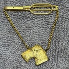 Vintage Swank Tie Clip Gold Tone Terrier Dog Head Charm Dangle Chain Tie Bar