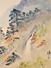 Antique Japanese Signed Watercolor Waterfall Mountain