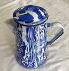Antique Enamel Coffee Pot Cobalt Blue White Swirl Mcm Decor Charming