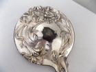 Antique Art Nouveau Repousse Day Lilies Silver Tone 10 Inch Beveled Hand Mirror