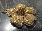 Vintage Antique Victorian Pressed Brass Flower Gold Plate Drop Pendant Necklace