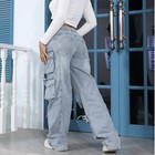 Women s Light Blue Denim Cargo Jeans Distressed Drawstring High Rise Pockets