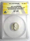 Antoninus Pius Ar Denarius Silver Roman Coin 149 Ad  Certified Anacs Vf20