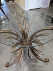 Mid Century Hollywood Regency Wheat Sheaf Side Table Gold Base Glass Top