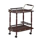 Serving Bar Cart Wood Cherry Finish With Wheels Storage Shelf Wine Rack Brass