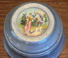 Vintage 40s Music Box Powder Puff Tin Victorian Courting Couple Vanity Decor