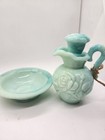 Vintage Avon Green Swirl Milk Glass Pitcher With Stopper And Basin Collectible 