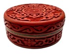 Vintage Chinese Cinnabar Round Trinket Pill Box Brass Enamel Metal 2 75 X 1 25   