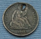 1861 P Seated Liberty Half Dime - Dark Tone  Holed damaged  h10c 5c 