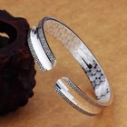 Solid 925 Sterling Silver Cuff Bangle Vintage Engraved Flower Bracelet Men Women