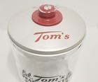 Vtg Toms Eat Peanut Butter Sandwiches 5 Cents Glass Canister 13  Red Silver Lid 