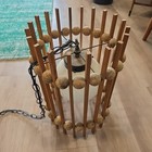 Mid-century Modern Teak And Cork Ball And Slat Cylinder Pendant Light