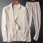 2 Pc Men Two Button Suit Summer Linen Causal Blazer Pants Coat Beach Jacket