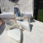 Ivory Satin   Pearl Slingback Bridal Shoes Medium Heel Pointed Toe 8 5 9