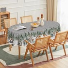 Christmas Tablecloth 60  84 Inch Oval  Deers Snowman Trees Grey Washable Table   