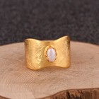 18k Gold Plated Wide Texture Band Ring With Pearl Gemstone Jewelry For Wedding