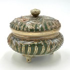 Antique Nippon Footed Moriage Lidded Jar Hand Painted - Olive Green W multicolor