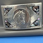 Rectangular Horse Etched Pattern Inlaid Abalone   Silver-tone Belt Buckle Mexico