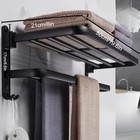 Black Wall-mounted Bathroom Shelf With Hooks And Towel Bar