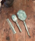 Dresser Vanity Set Art Deco Aqua Pearl 3 Pc Set Mirror Brush Comb Vintage Pretty
