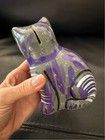 Mexican Pottery Cat Coin Bank Purple Hand Painted Folk Art Tonala Style Mexico