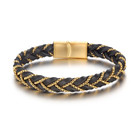 Men s Braided Leather Bracelet Bangle Cuff Stainless Steel Magnetic Clasp