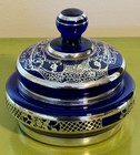 Antique Free Blown Cobalt Blue Glass Powder Jar Sterling Silver Overlay