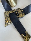 Vintage Boho Belt Black Leather Bold Brass Buckle Nan Lewis Sz Ml