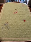 Vtg Green White Gingham Hand Made Quilted Cross Stitch Baby Quilt Blanket
